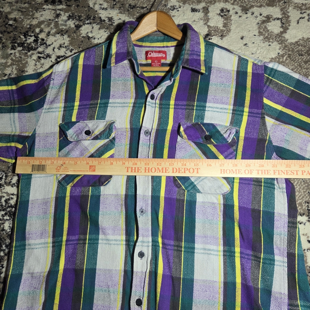 Coleman Mens Flannel Shirt Large L Plaid Cotton Purple Yellow Green Long Sleeve - Picture 7 of 9